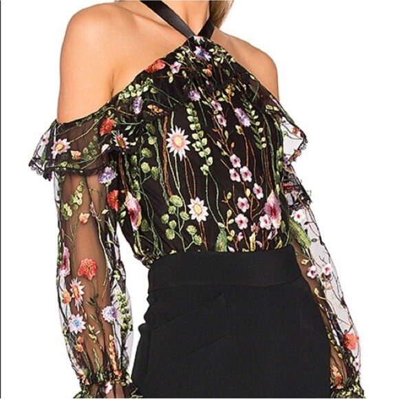 Persun Size M Black Mesh Long Sleeve Blouse Floral Embroidery Cotton Blend Lined - Picture 1 of 13